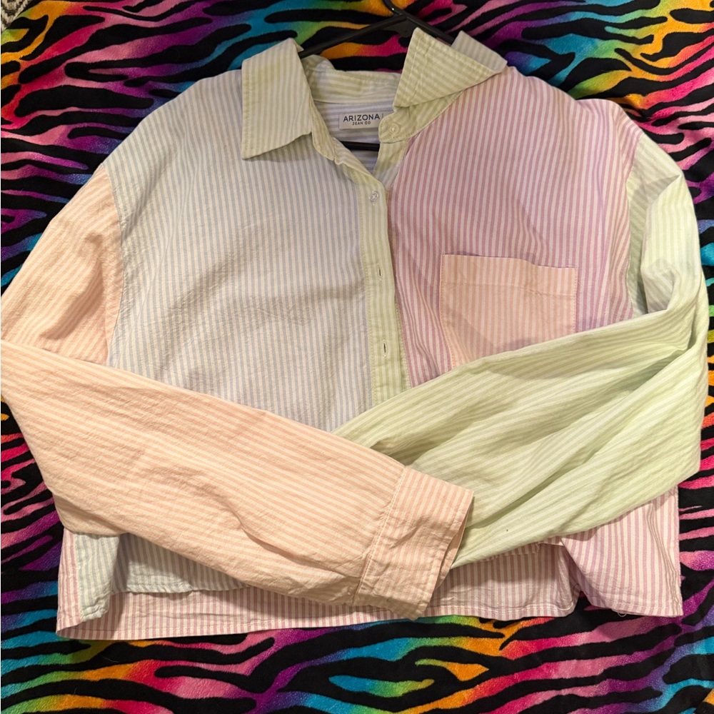 Arizona Jean Company Light Green and Blue Striped Shirt